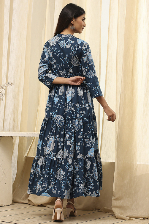 Earthy Blue Cotton Floral Tiered Dress image number 4