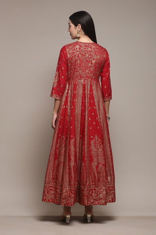Red Cotton Flared Printed Dress image number 4