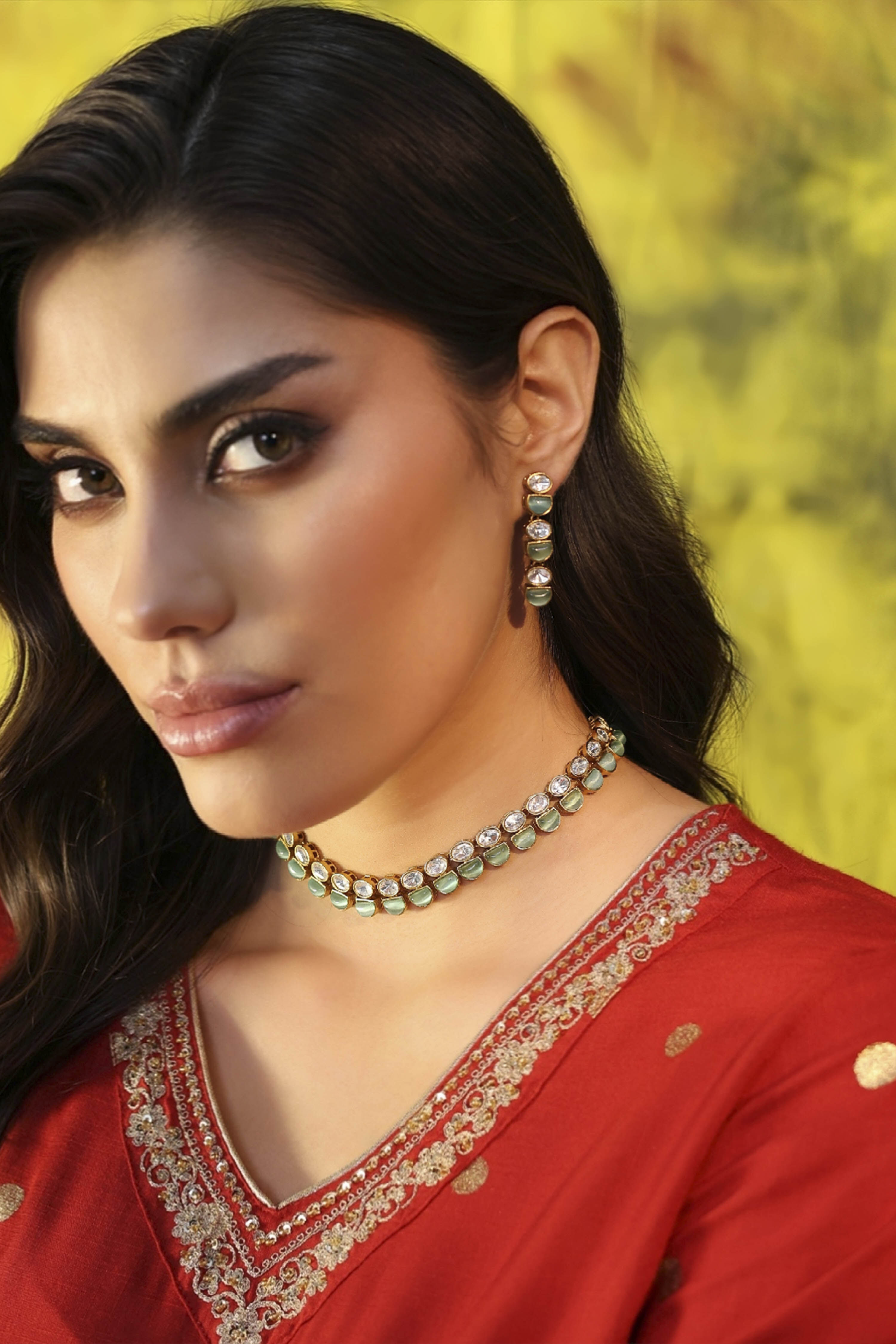 Mint Green Brass Kundan Set image number 3