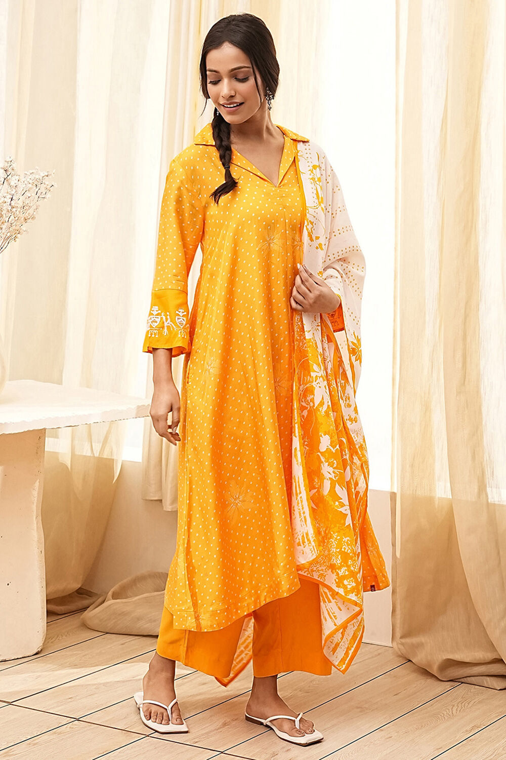 Yellow Bandhani Printed A-Line Suit Set image number 5