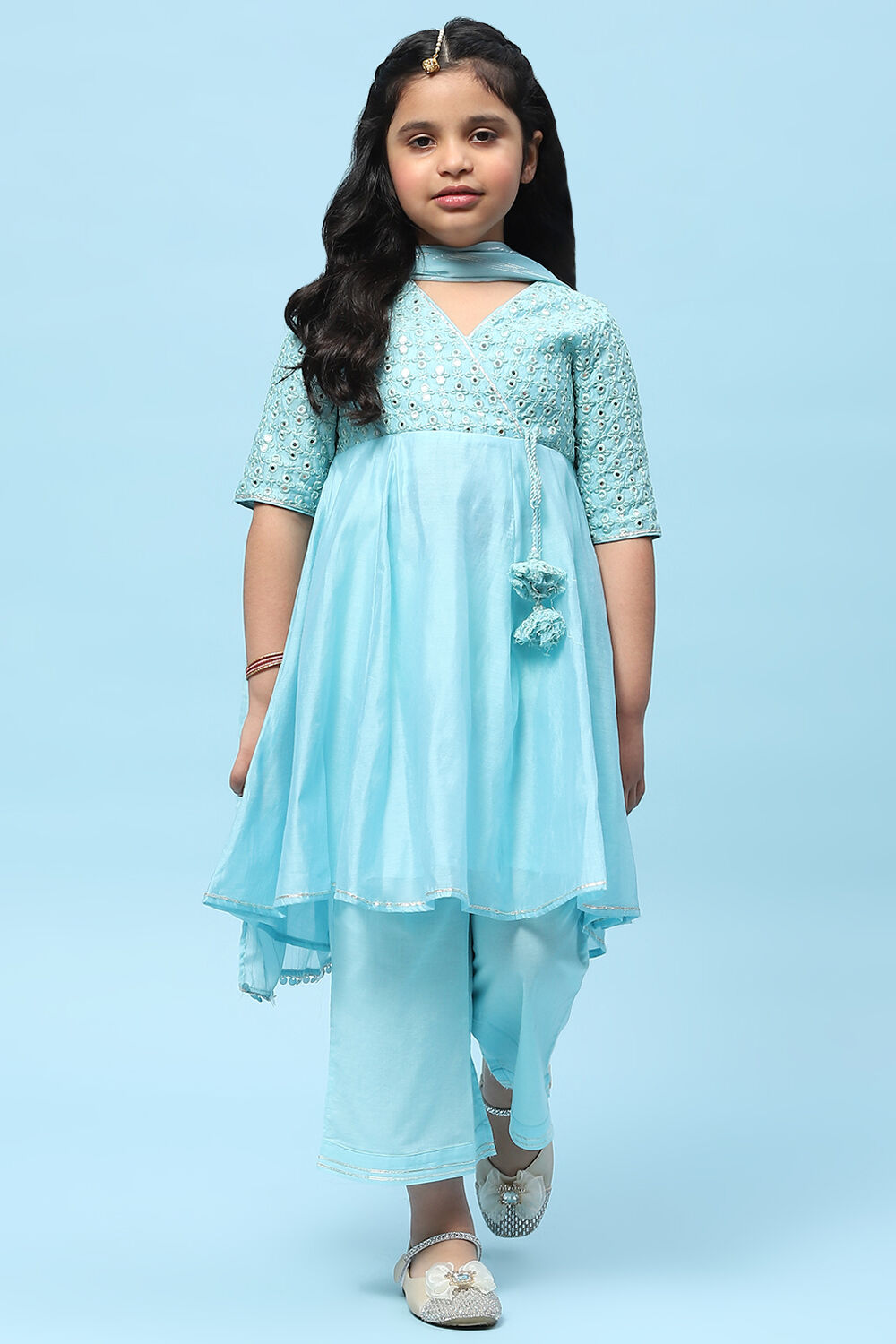 Sky Blue Poly Chanderi Mirror work A-line Suit Set image number 0