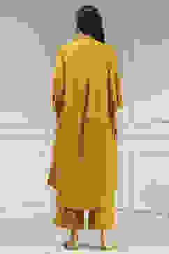 Ochre Yellow Polyester A-Line Dyed Kurta Pants Set image number 4