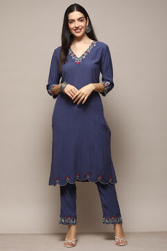 Blue Poly Viscose Straight Suit Set image number 6