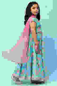 Blue Poly Chanderi Floral Printed Flared Lehenga Set image number 6