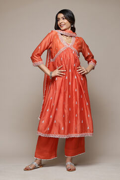 Coral Cotton Blend Gathered Kurta Palazzo Suit Set image number 0