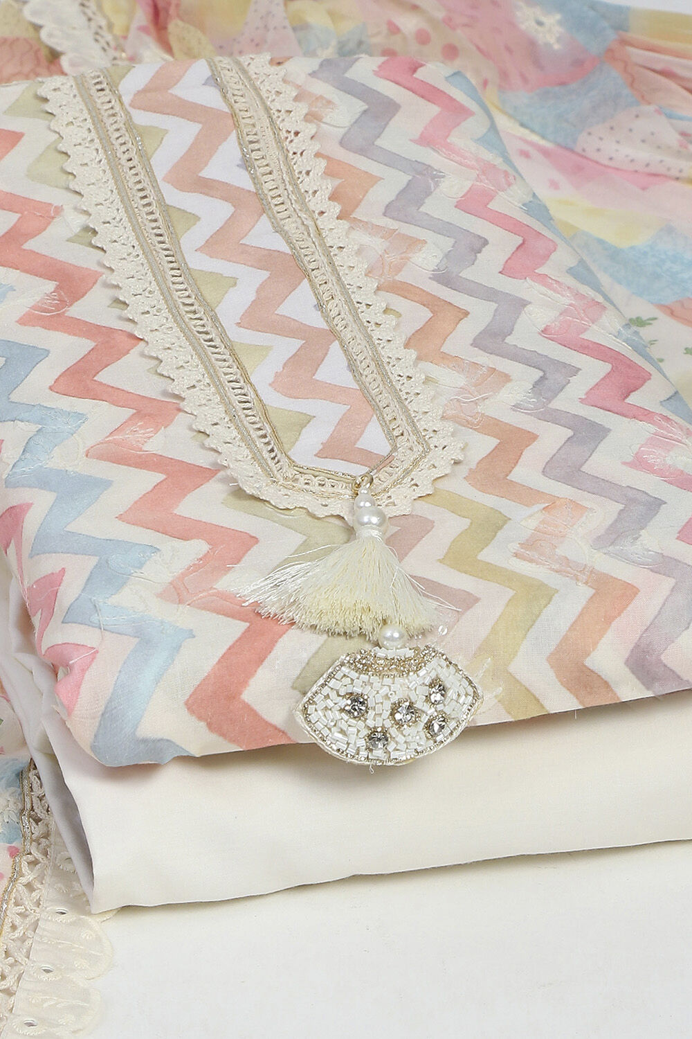 Cream Cotton Schiffly Unstitched Suit Set image number 5