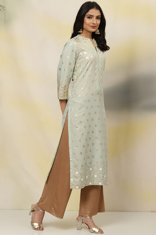 Sea Green Cotton Straight Kurta image number 3