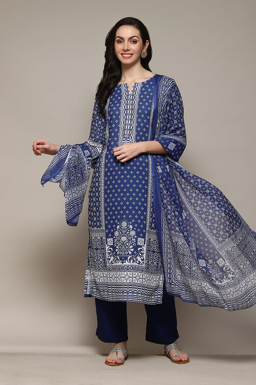 Navy Blue Cotton Blend Digital Print Unstitched Suit Set image number 1