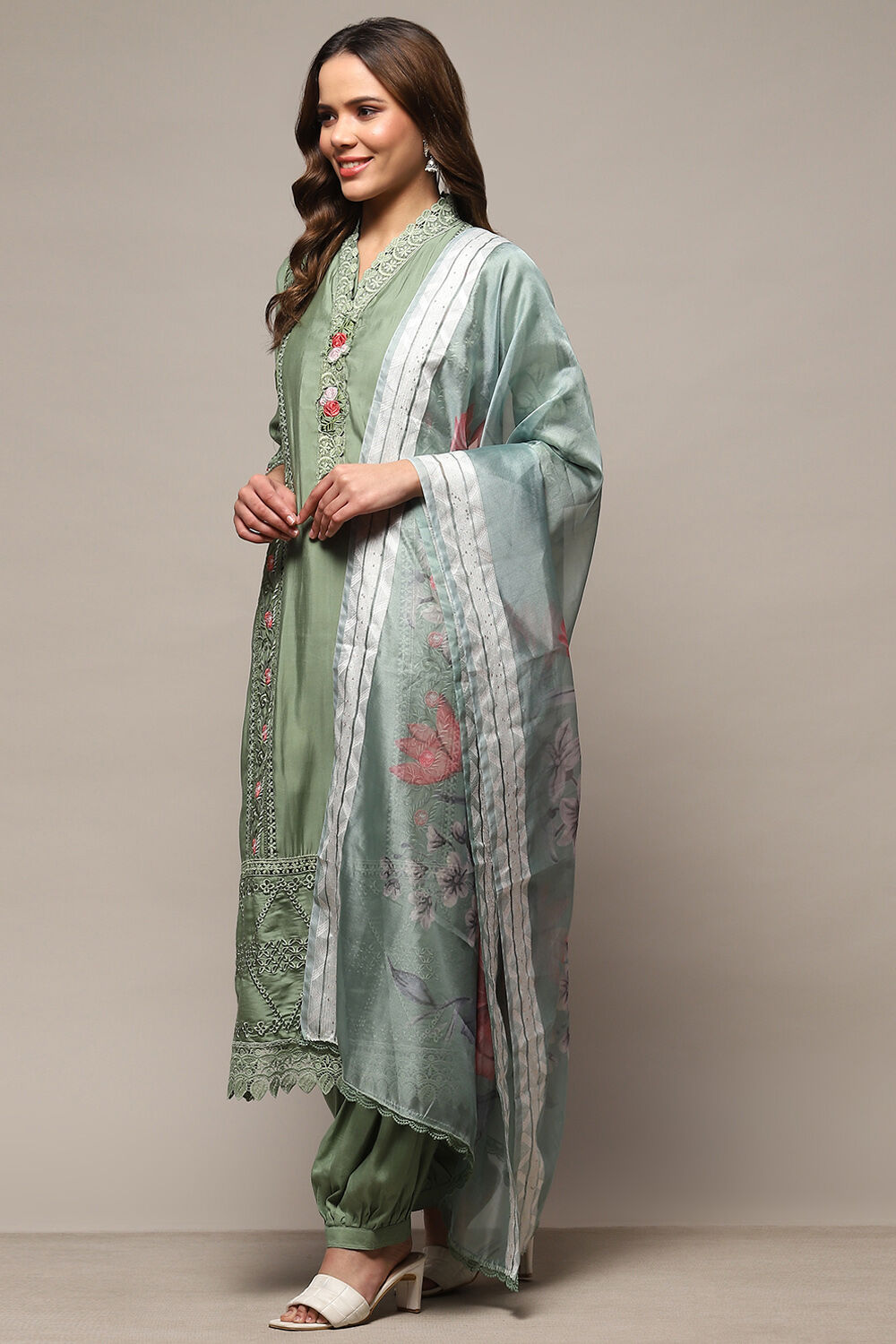 Green Silk Blend Unstitched Suit Set image number 5