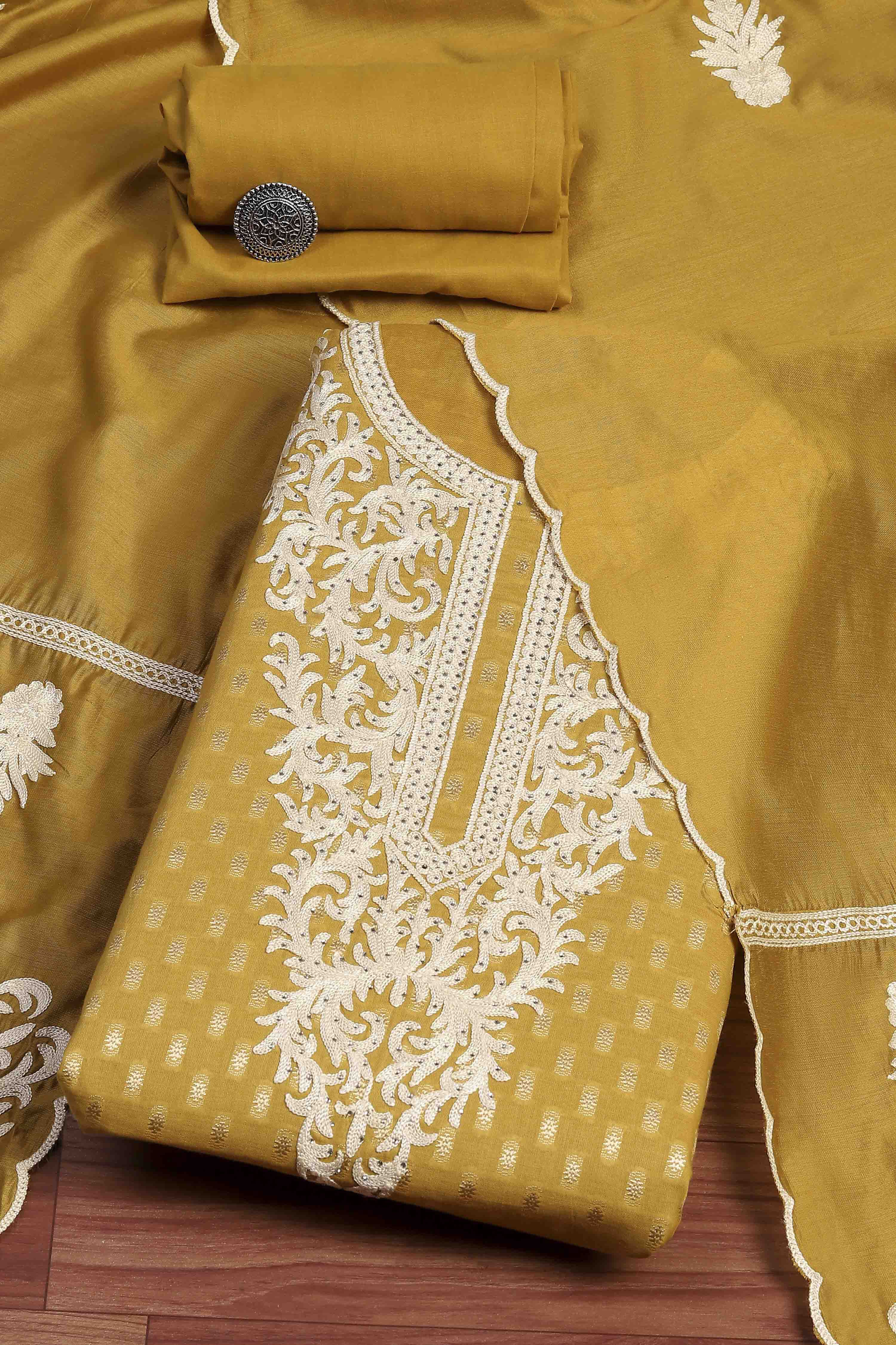 Peach Cotton Blend Thread Embroidered Unstitched Suit Set image number 0