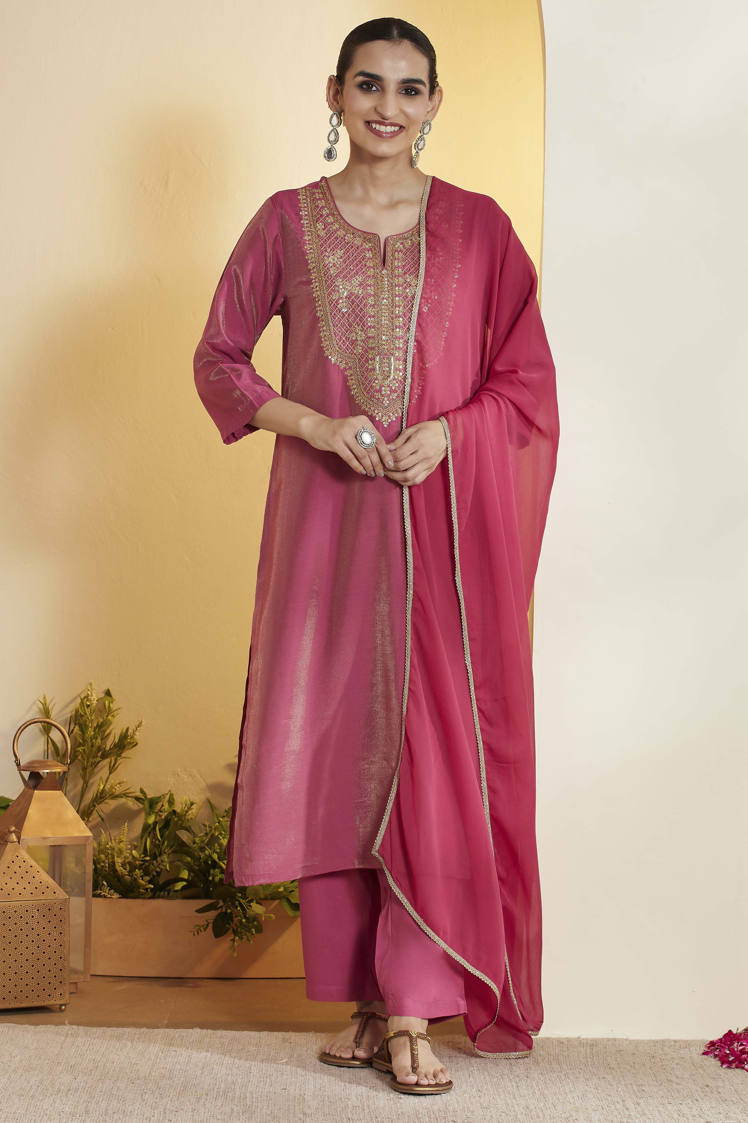 Magenta Poly Viscose Straight Suit Set image number 7