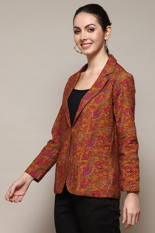 Mustard Polyester Straight Printed Jacket image number 2
