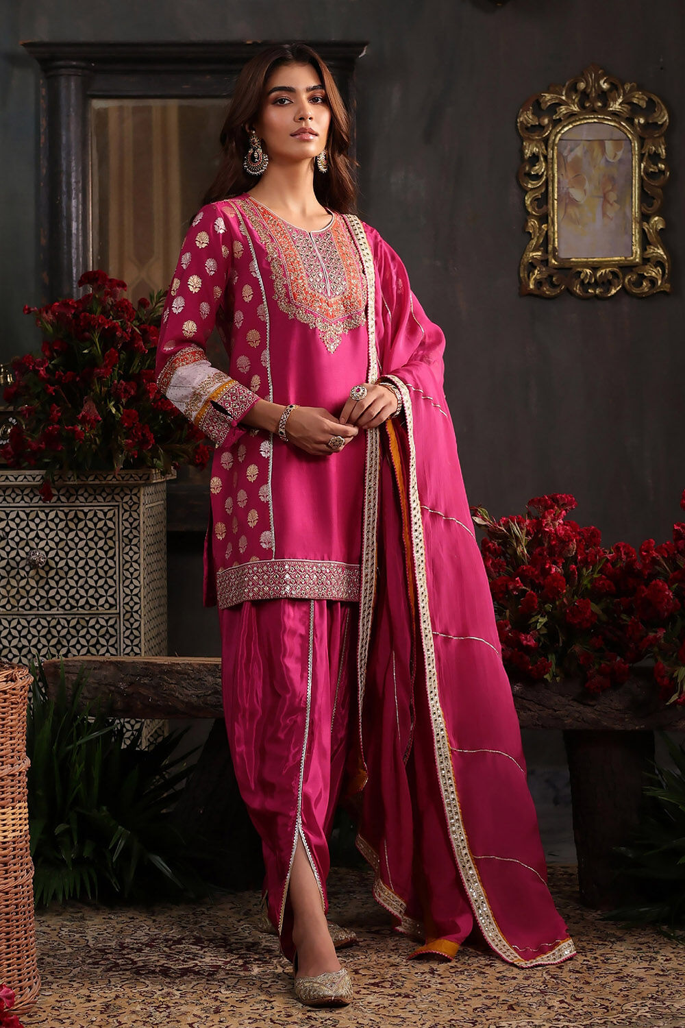 Earthy Blue Chanderi Jacquard Dori Embroidery Straight Suit Set image number 4