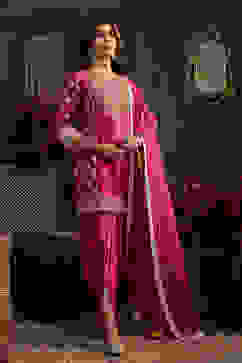 Pink Chanderi Jacquard Dori Embroidery Straight Suit Set image number 4