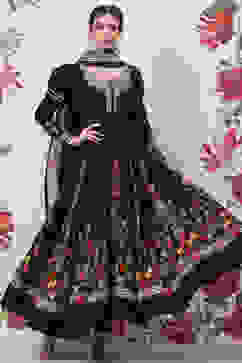 Rohit Bal Black Cotton Silk Anarkali Printed Suit Set image number 7