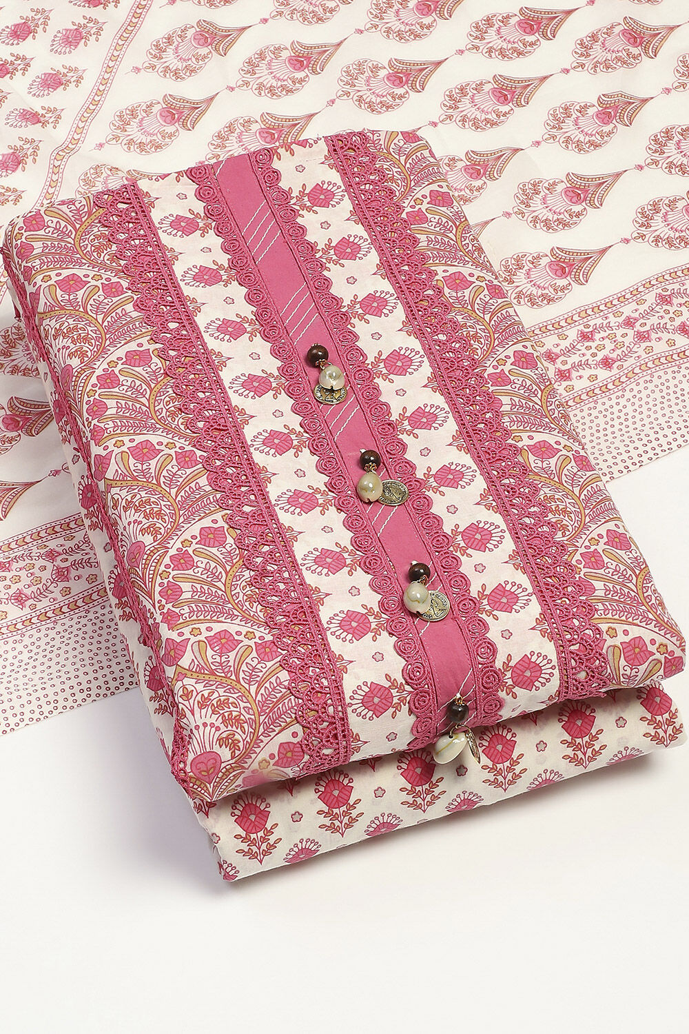 Pink Cotton Unstitched Suit Set image number 3