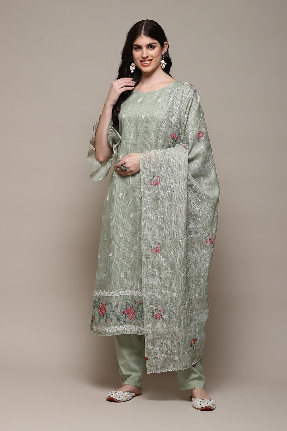 Green Cotton Blend Printed Unstitched Suit Set image number 8