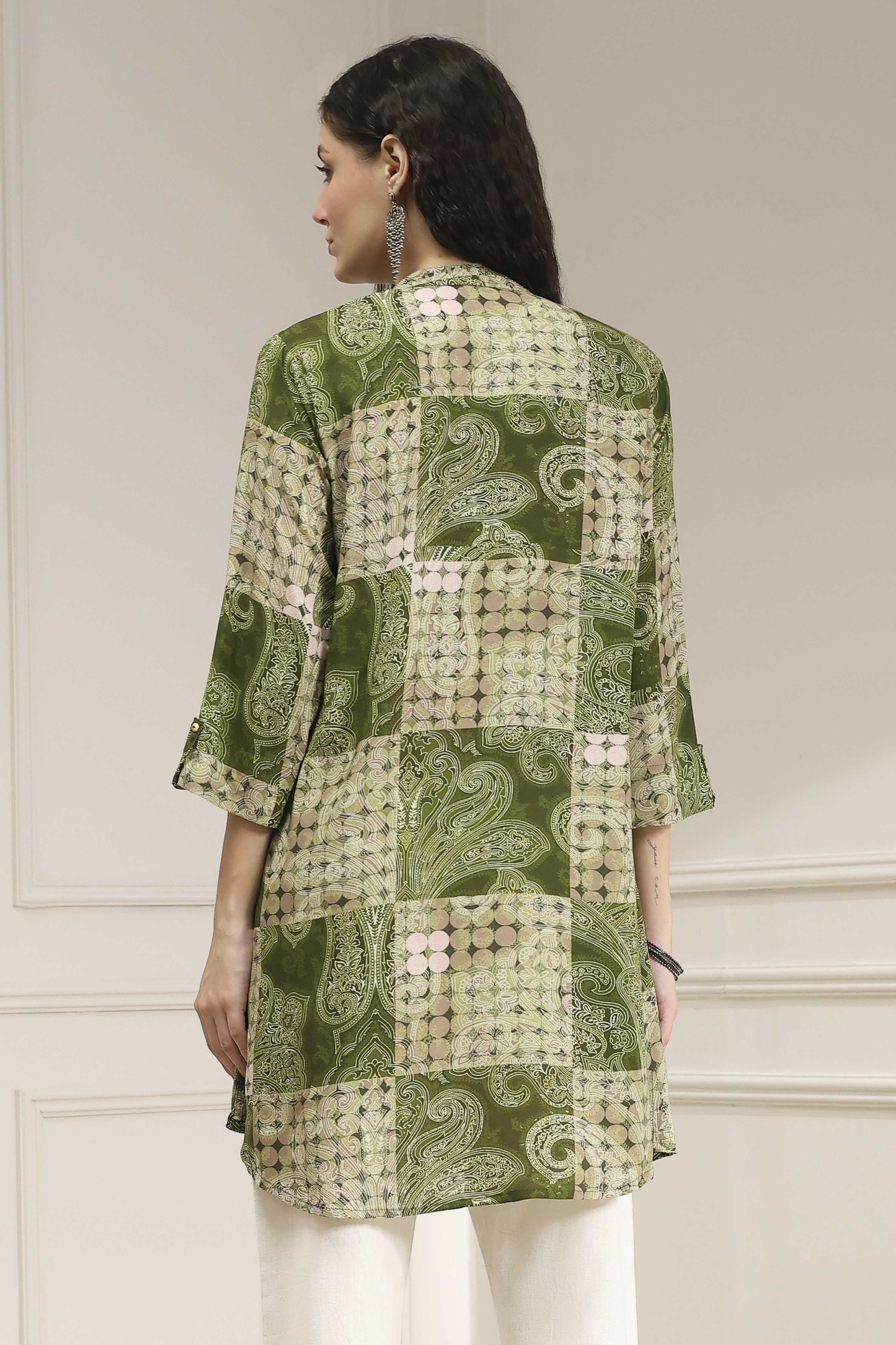 Olive Green Pleated Straight Short Kurta image number 3