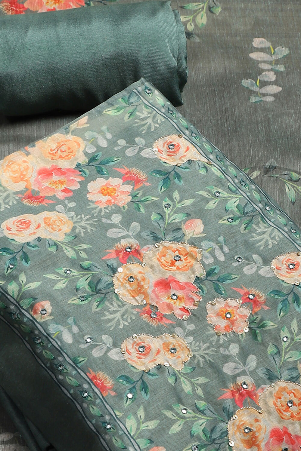 Green Chanderi Hand Embroidered Unstitched Suit Set image number 2