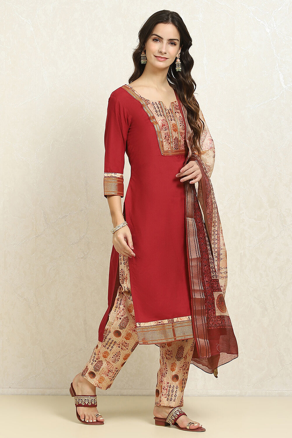 Maroon Cotton Handloom Unstitched Suit Set image number 6