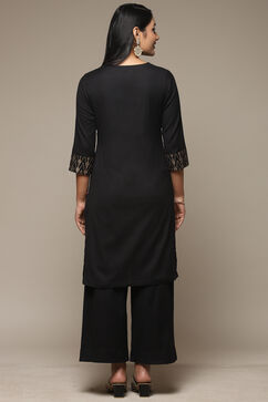 Black Cotton Blend Straight Kurta Palazzo Suit Set image number 4