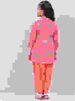 Orange Cotton Flared Printed Kurta Set image number 4