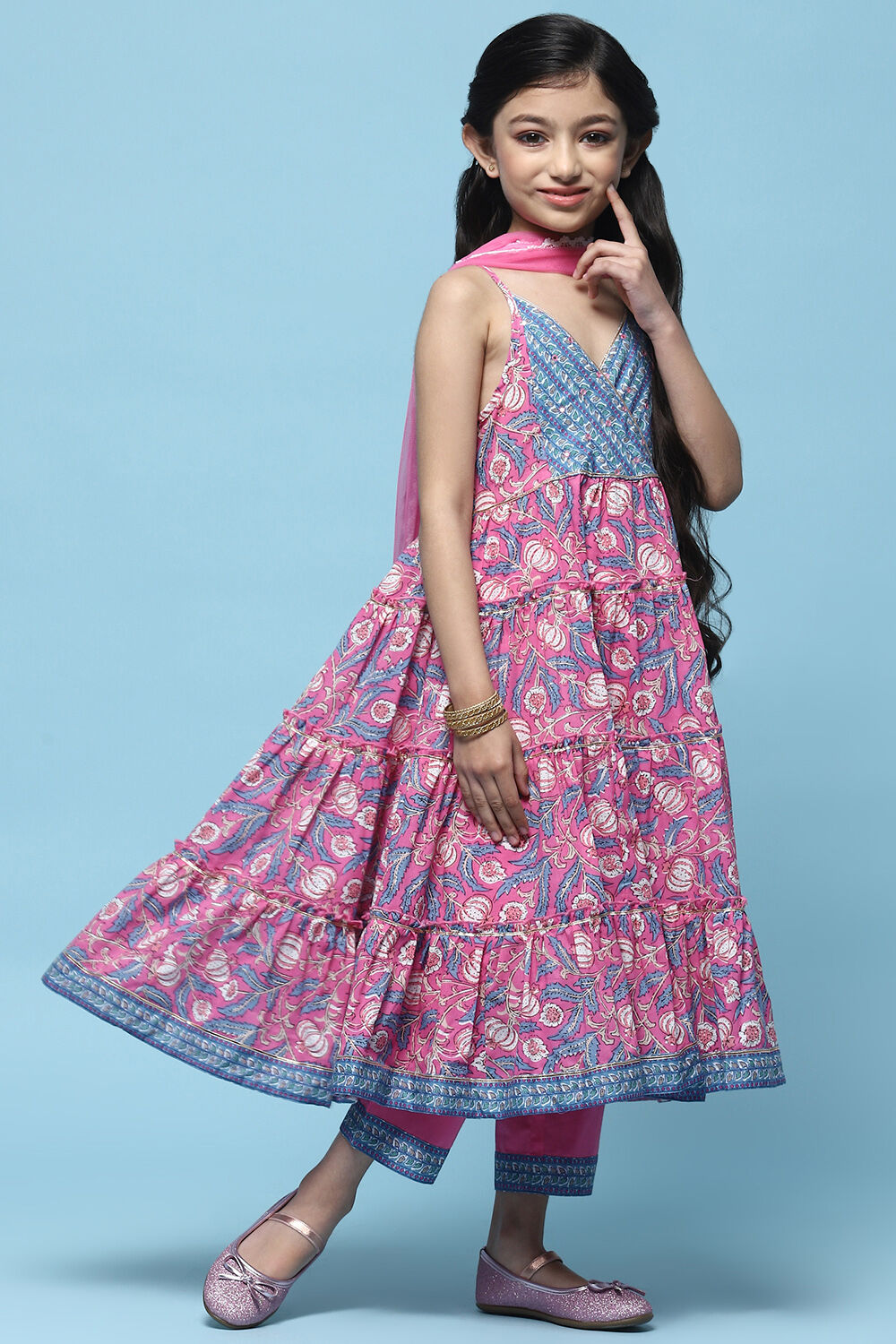 Pink Cotton Tiered Kurta With Palazzo & Net Dupatta  image number 6