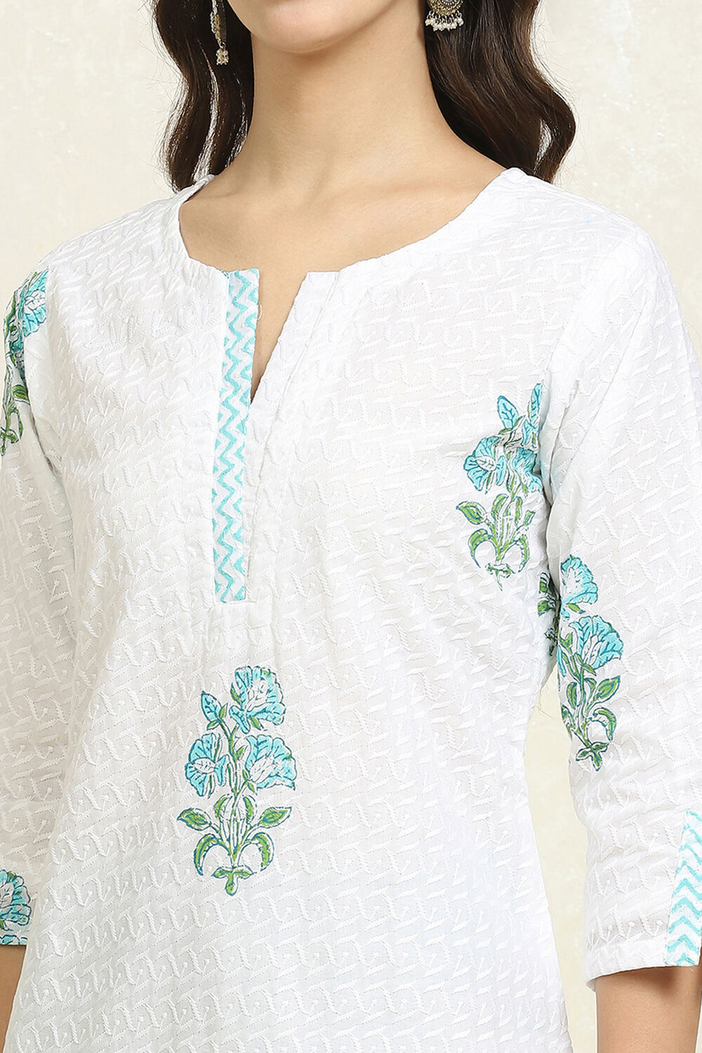 White and Pink Cotton Floral Hand Block Unstitched Suit Set image number 2