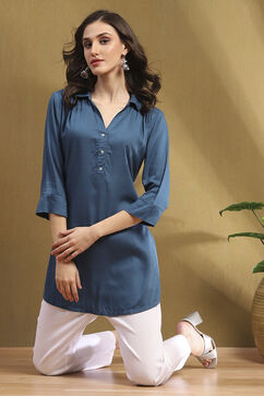 Blue Solid Shirt Collar Straight Short Kurti image number 0