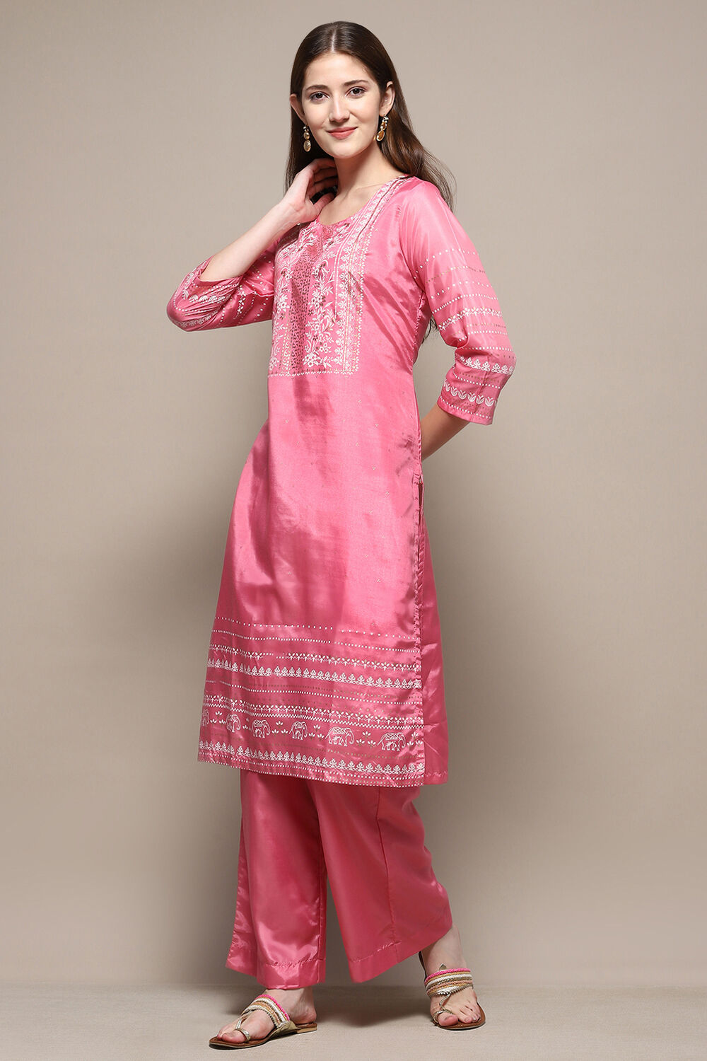 Pink Cotton Blend Straight Kurta Palazzo Suit Set image number 0