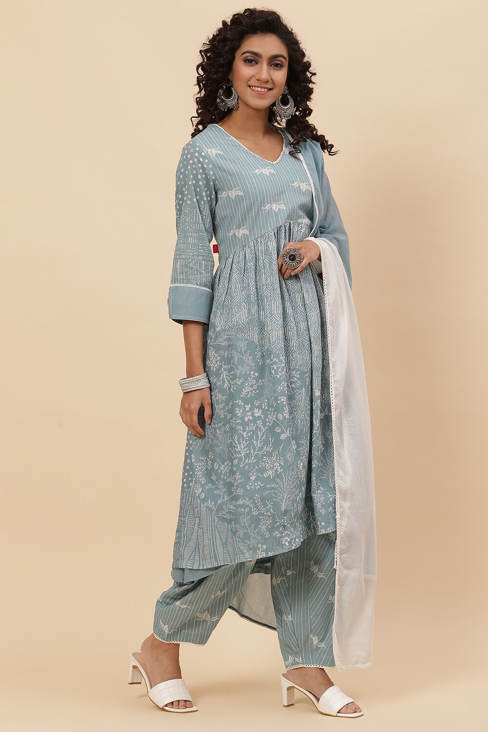 Steel Blue Cotton A-Line Kurta Cross Yoke Salwar Suit Set image number 6
