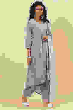 Steel Blue Cotton A-Line Kurta Cross Yoke Salwar Suit Set image number 6