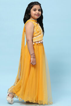 Yellow Poly Chanderi Printed Tasseled Lehenga Set image number 6