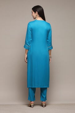 Turquoise LIVA Gathered Yarndyed Kurta Afgan Pant Suit Set image number 5