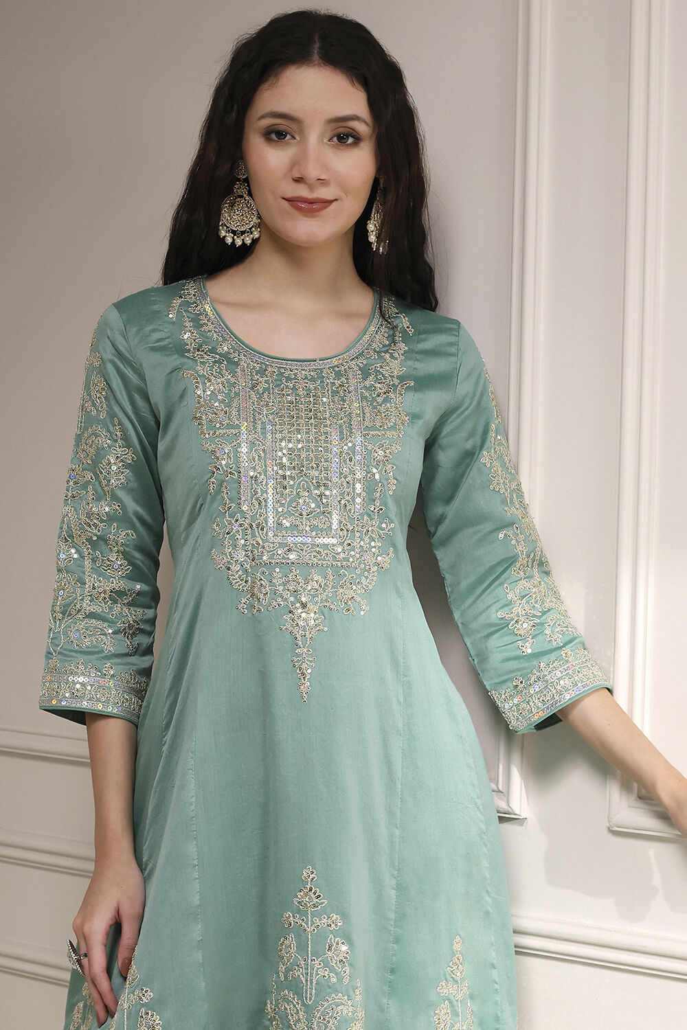 Off-White Cotton Silk Embroidered Kalidar Suit Set image number 1