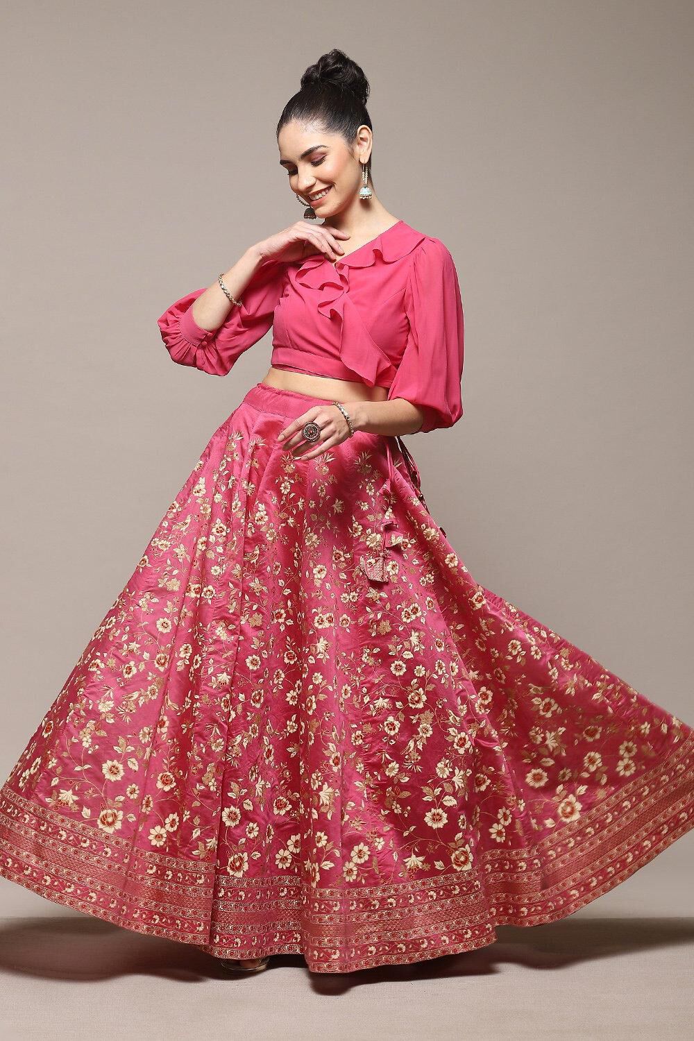 Pink Polyester Straight Kurta Skirt Suit Set