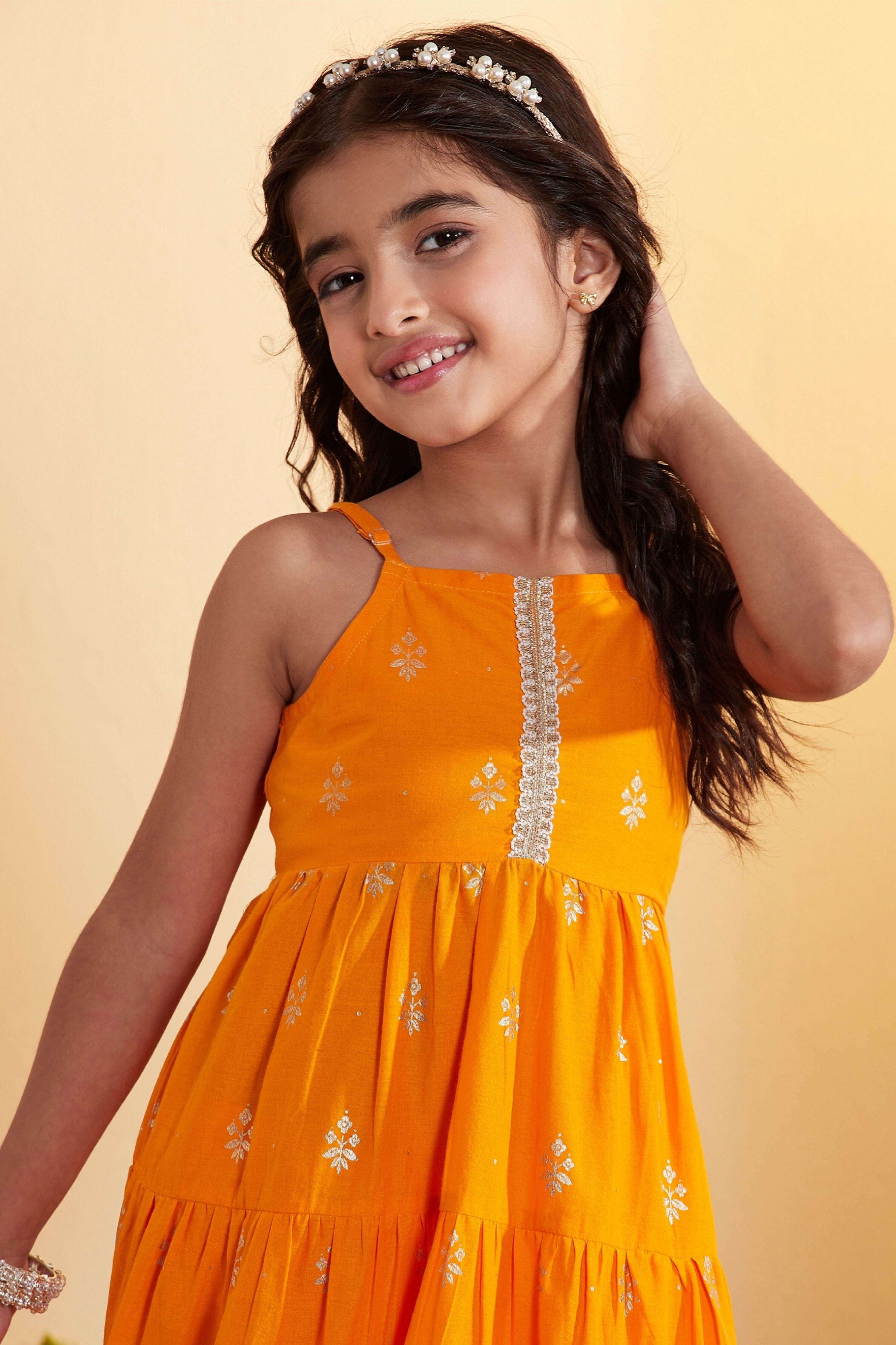 Orange Printed Cotton Tiered Kurta Set image number 1