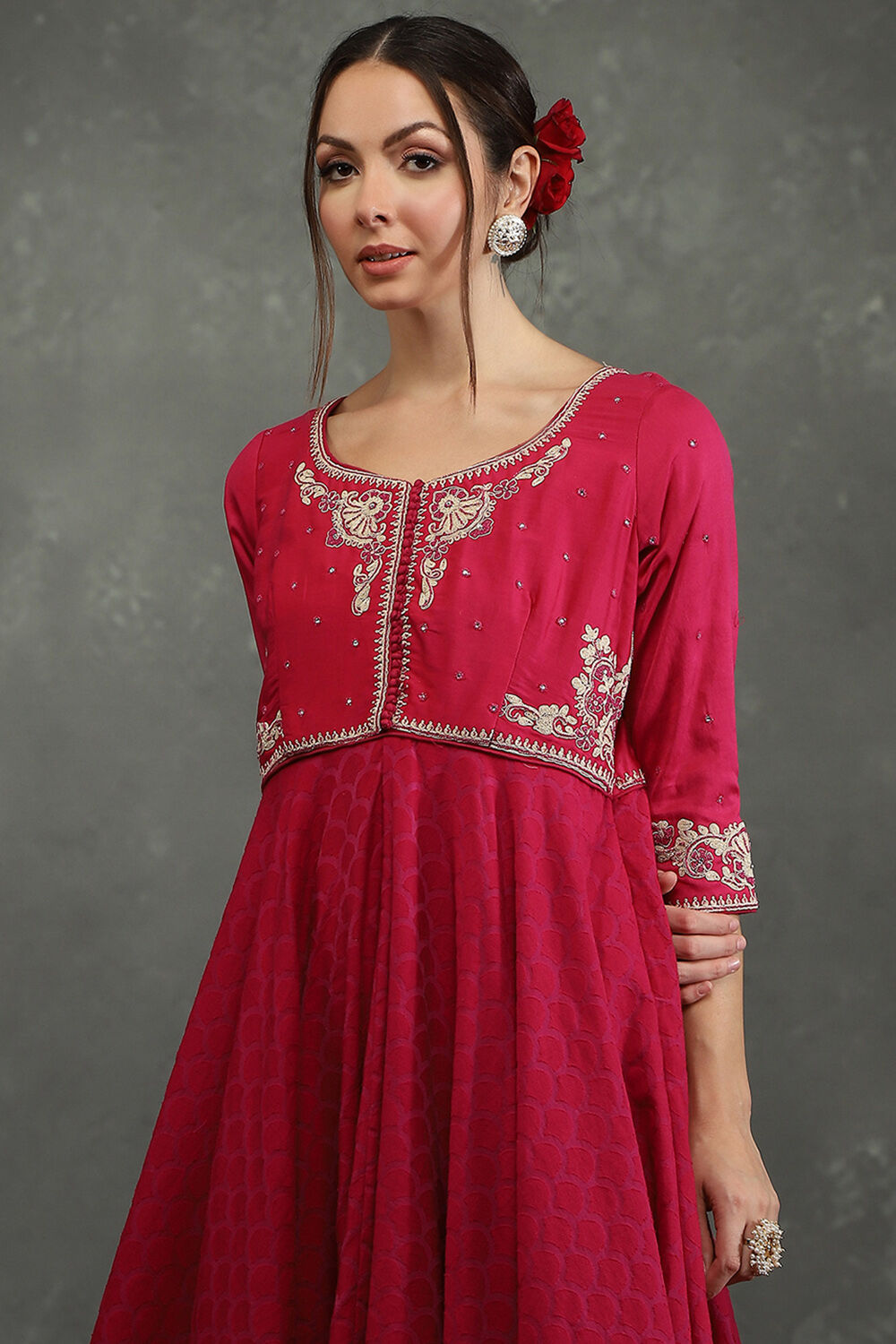 Pink Silk Chanderi Floral Anarkali Suit Set image number 1