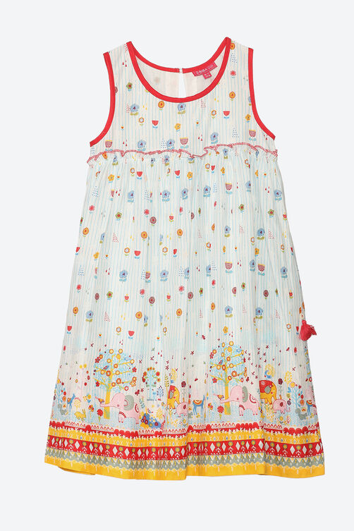 White Cotton A-Line Printed Dress image number 0