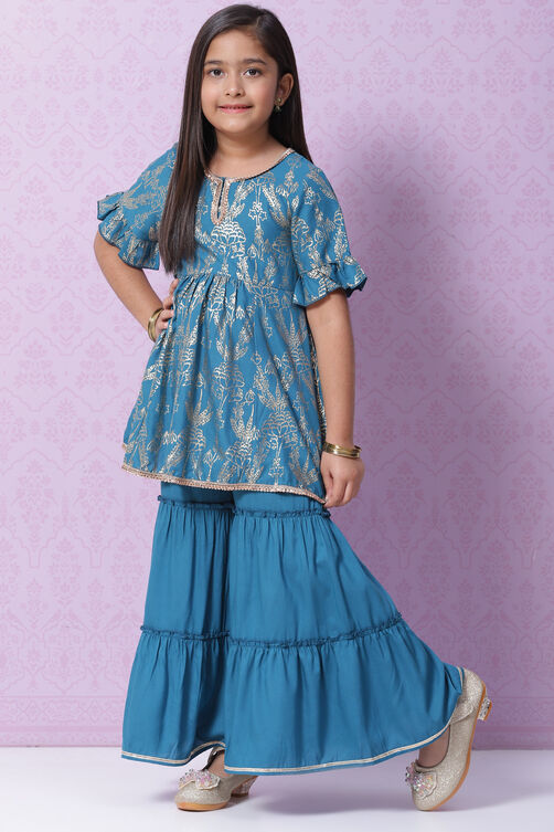 Blue Rayon Flared Printed Kurta Set image number 0