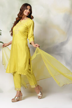 Lime Green Rayon Straight Kurta Regular Pant Suit Set image number 7