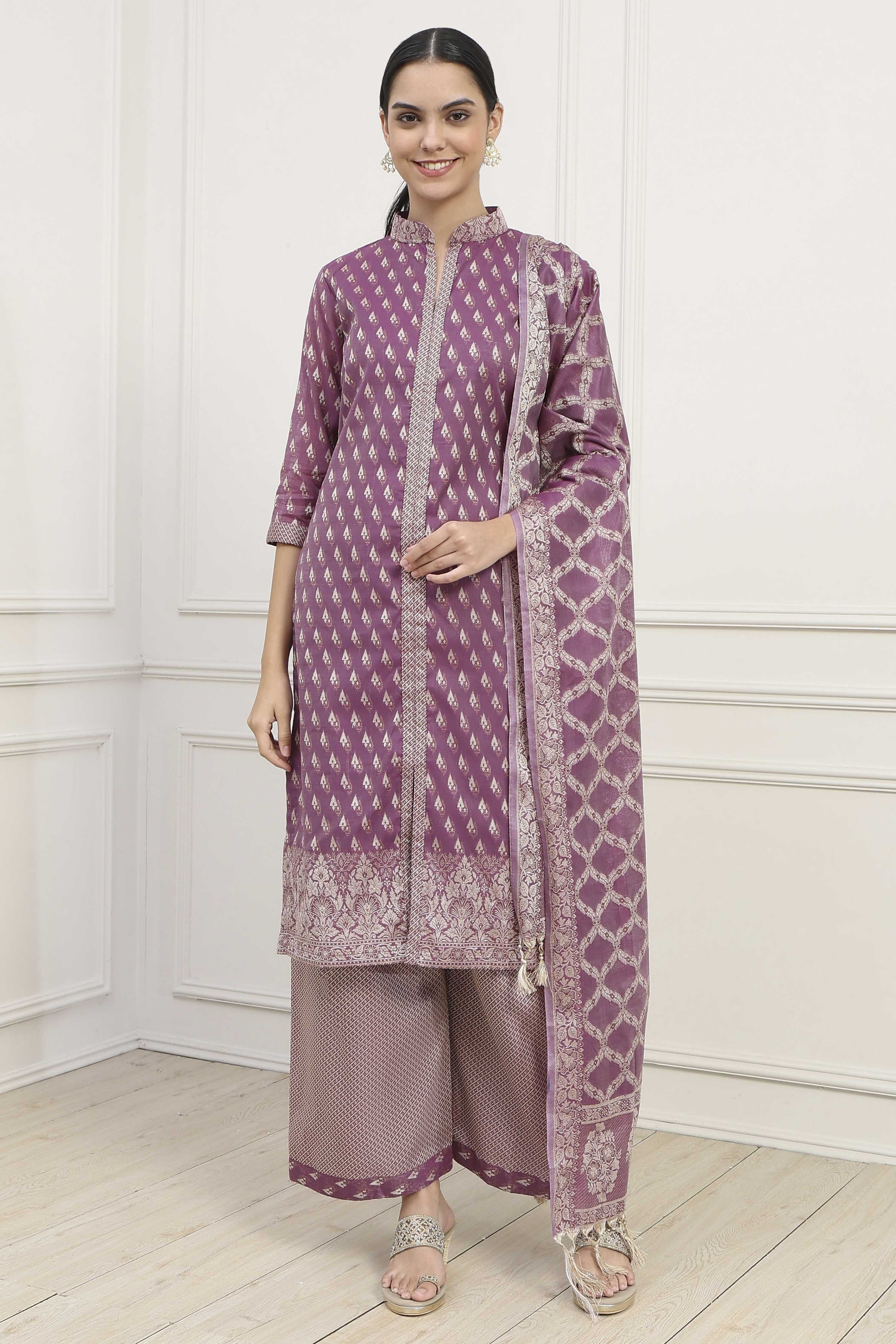 Mustard Chanderi Blend Brocade Unstitched Suit Set image number 1