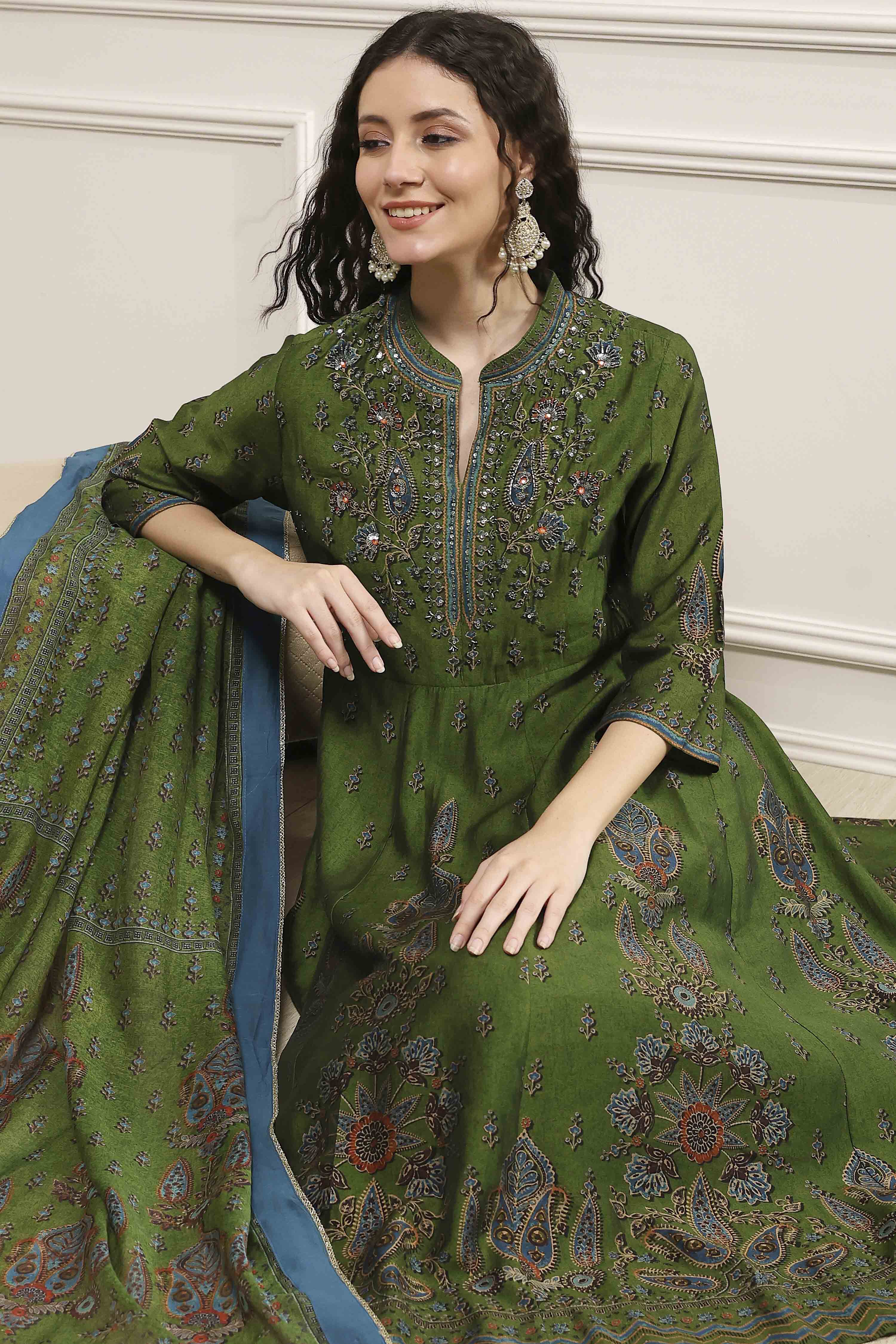 Green Printed Anarkali Suit Set image number 0
