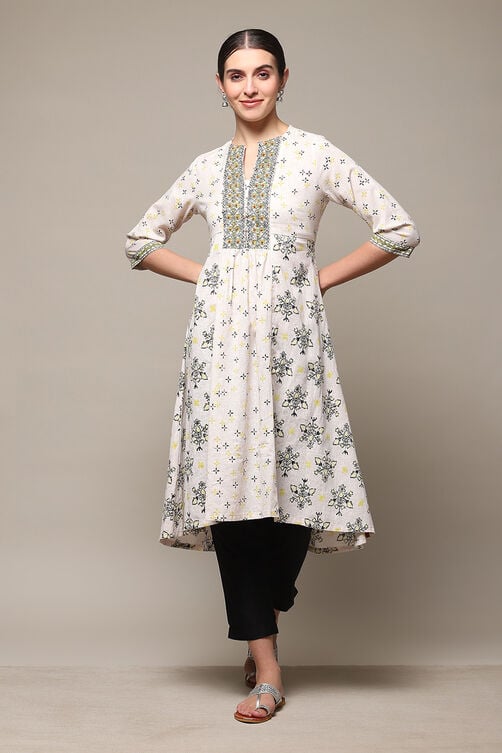 Yellow Cotton Blend A-Line Printed Kurta image number 0