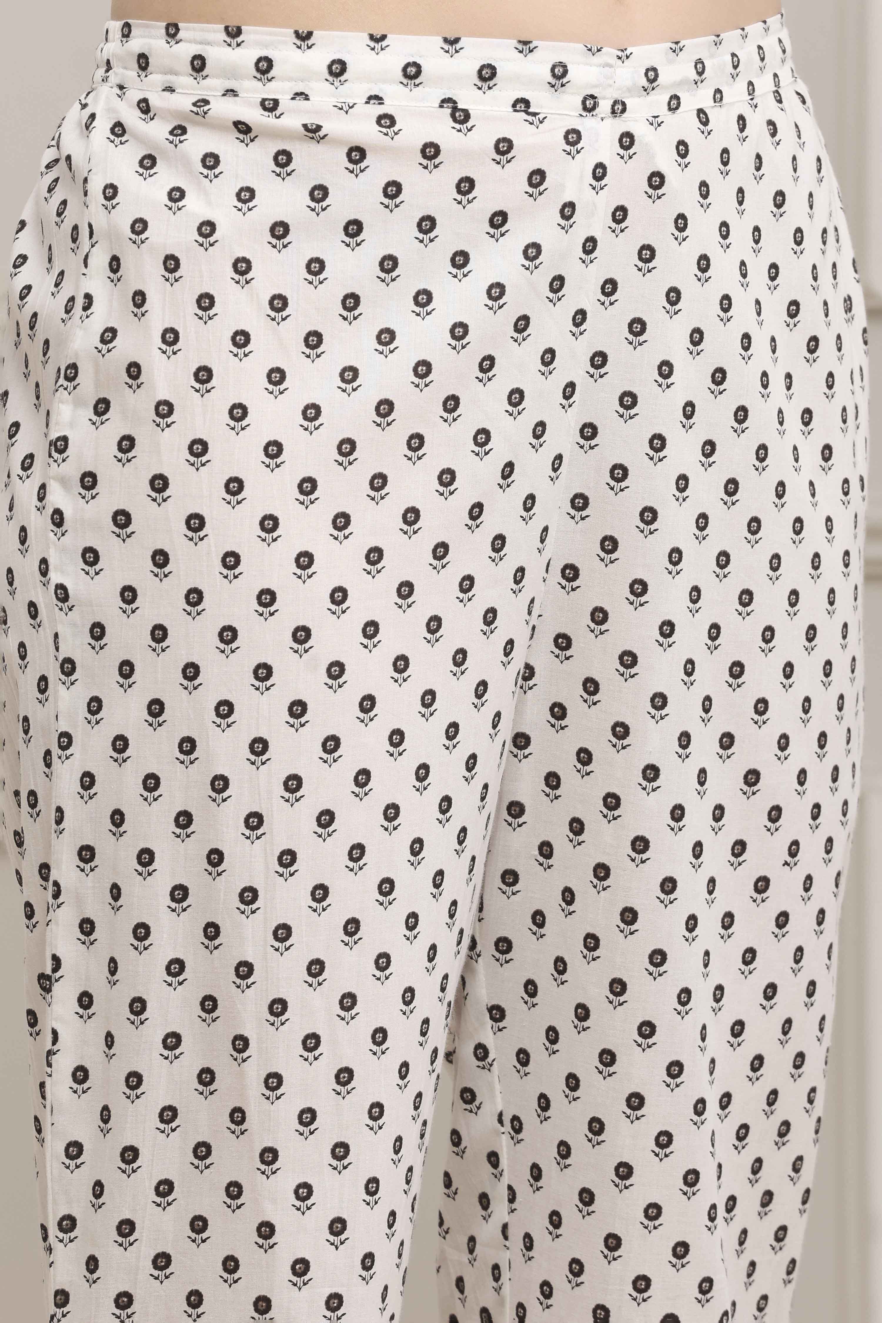 White and Black Cotton Printed Straight Suit Set image number 2