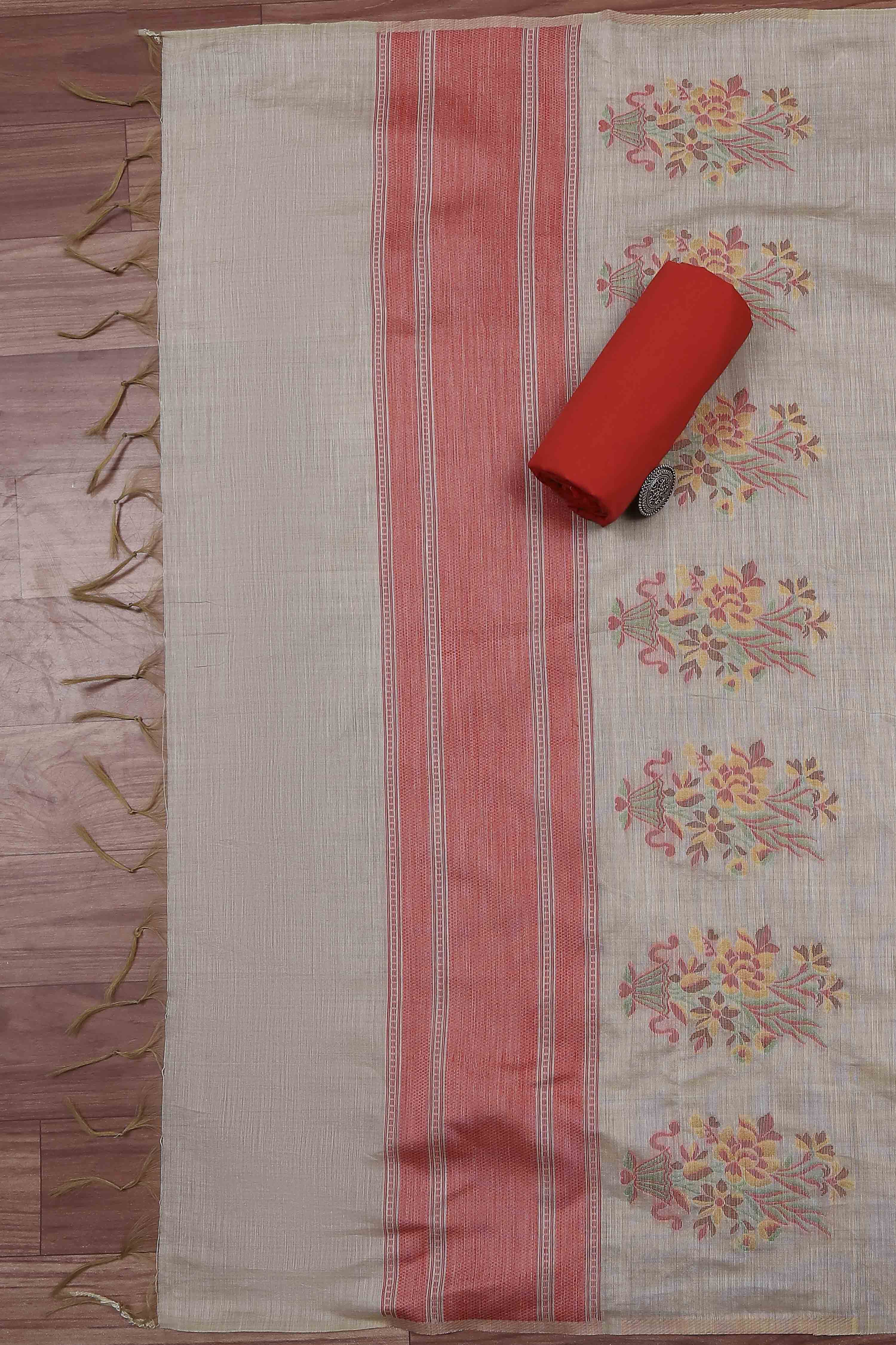 Rust Cotton Printed Embroidered Unstitched Suit Set image number 3