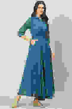 Teal Art Silk Flared Printed Dress image number 3