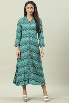Green Turquoise Rayon A-Line Printed Dress image number 5
