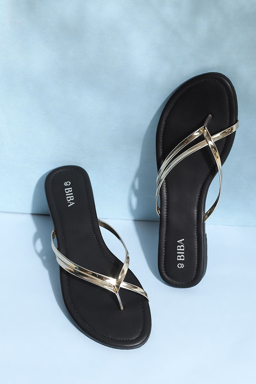 Black Pu V Strap Sandals