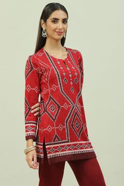 Red Acrylic Straight Yarndyed Kurti image number 3